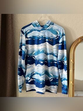 Good Good Golf Men’s Long Sleeve Hooded Shirt Blue Snow Mountains Size Small